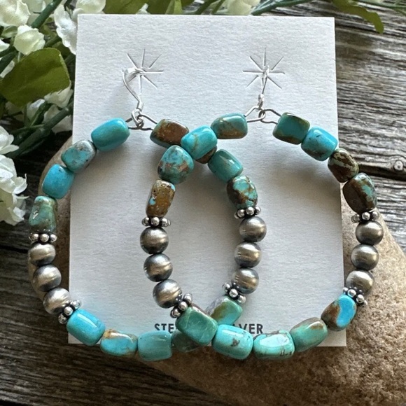 Sterling Silver Blue Green Turquoise Oxidized Pearls Bead Hoop Earrings 2.6 Inch - Picture 4 of 12